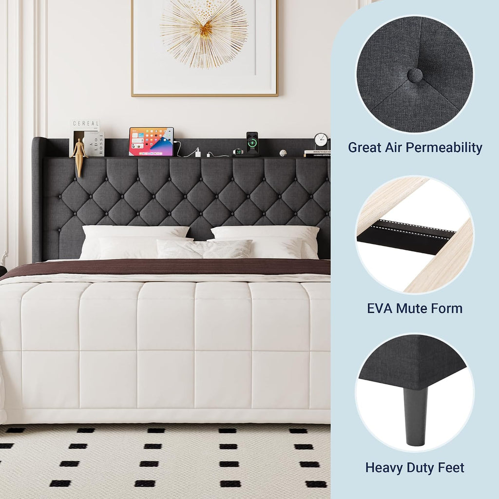 Allewie King Size Bed Frame, Storage Headboard with Charging Station,Wingback Linen Upholstered, Diamond Stitched Button Tufted, Sturdy Wooden Slats, No Box Spring Needed, Easy Assembly, Dark Gray