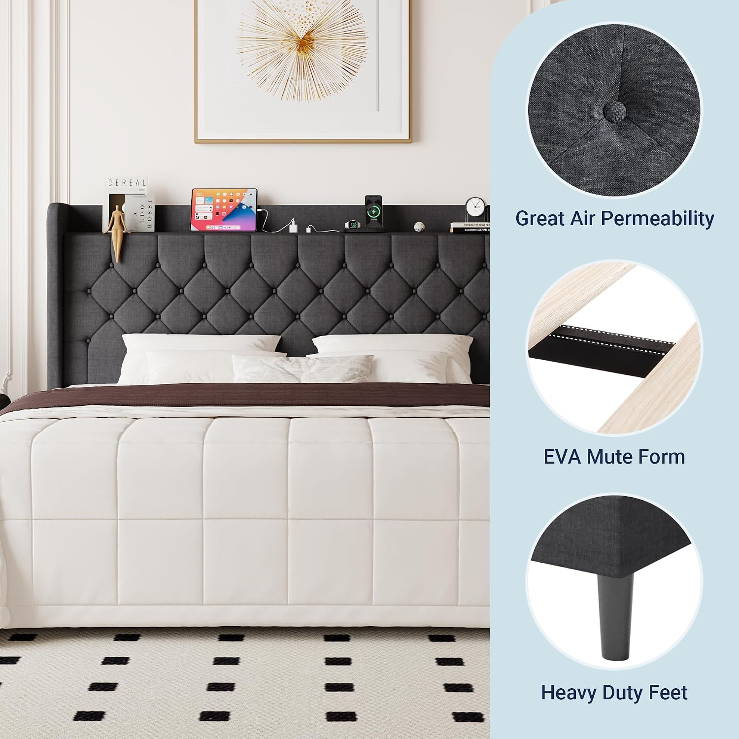 Allewie King Size Bed Frame, Storage Headboard with Charging Station,Wingback Linen Upholstered, Diamond Stitched Button Tufted, Sturdy Wooden Slats, No Box Spring Needed, Easy Assembly, Dark Gray