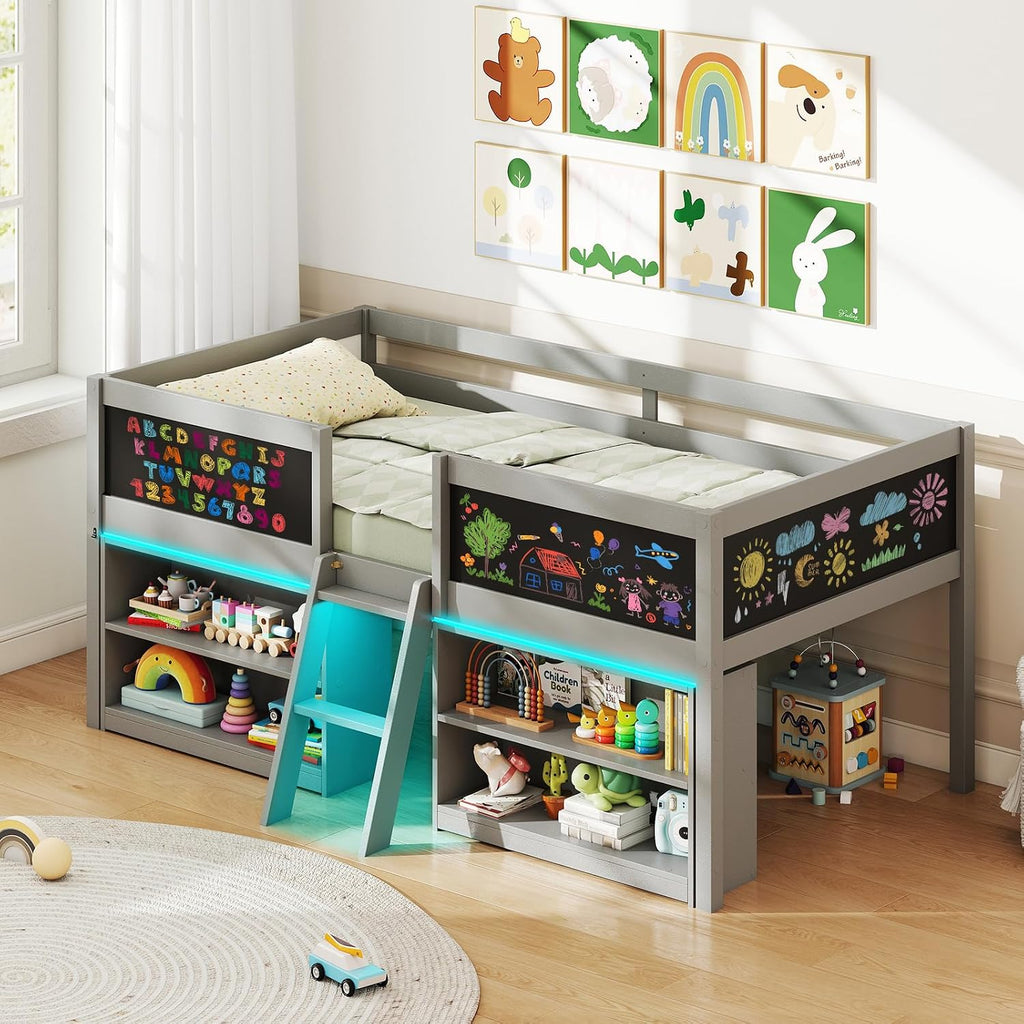 Giantex Low Loft Bed with LED Lights, Wooden Twin Size Loft Bed with Ladder & Blackboard, Twin Bed Frames for Kids with Storage 2 Bookcases and Play Space, Grey