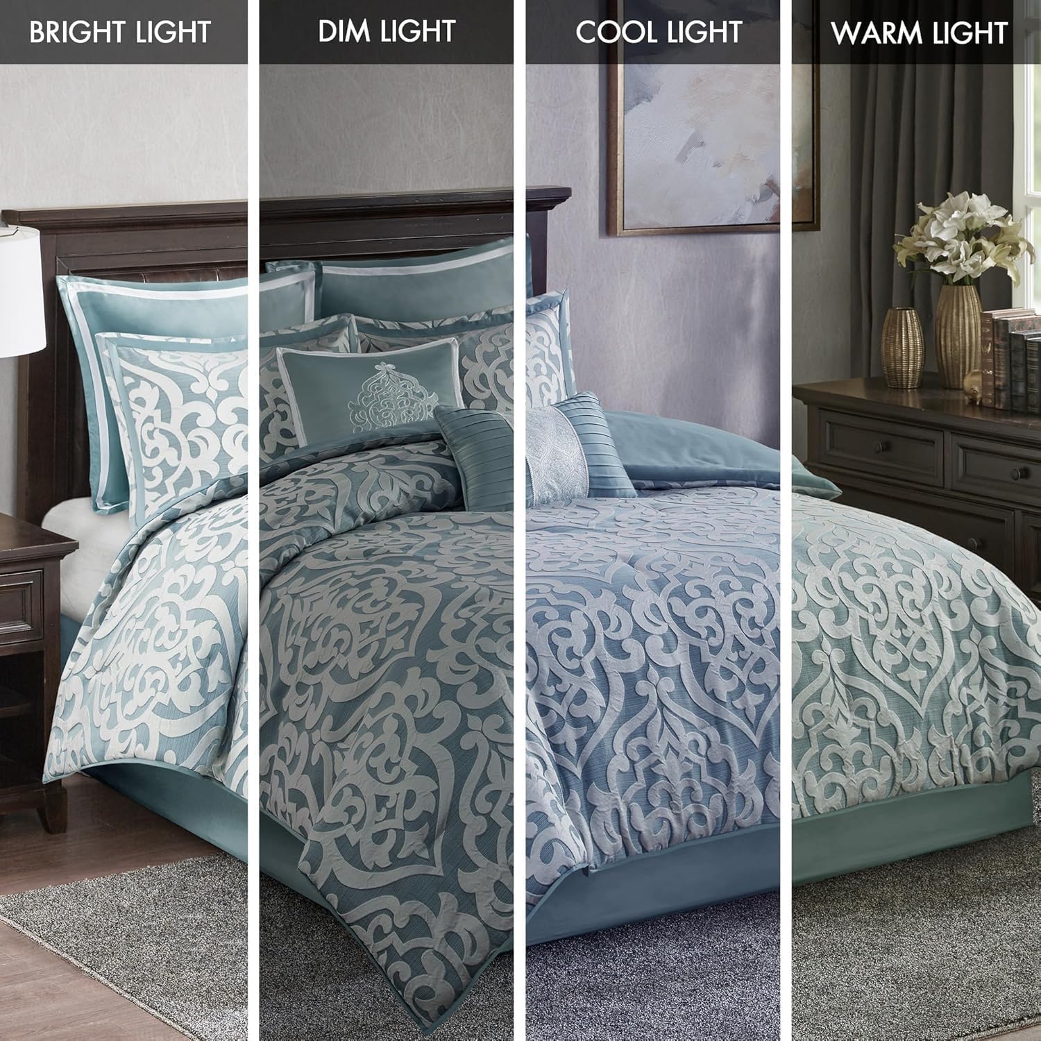 Madison Park Odette Cozy King Size Comforter Set Jacquard Damask Medallion Design - Modern All Season, Down Alternative Bedding, Shams, Decorative Pillows, King(104 in x 92 in), Aqua