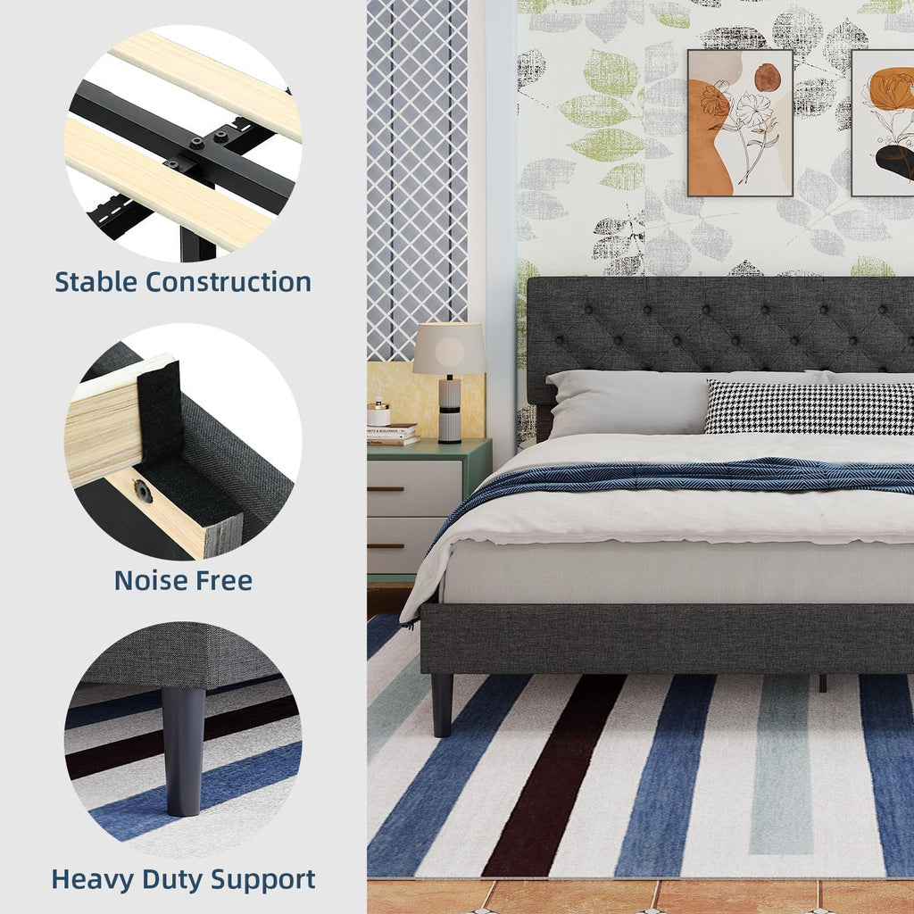 BarnFurin King Size Platform Bed Frame, Fabric Upholstered Bed with Button Tufted Headboard, Adjustable Headboard Design, Easy Assembly, No Box Spring Required, Dark Grey