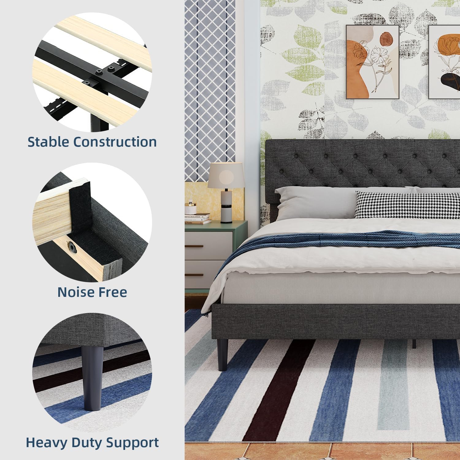 BarnFurin King Size Platform Bed Frame, Fabric Upholstered Bed with Button Tufted Headboard, Adjustable Headboard Design, Easy Assembly, No Box Spring Required, Dark Grey