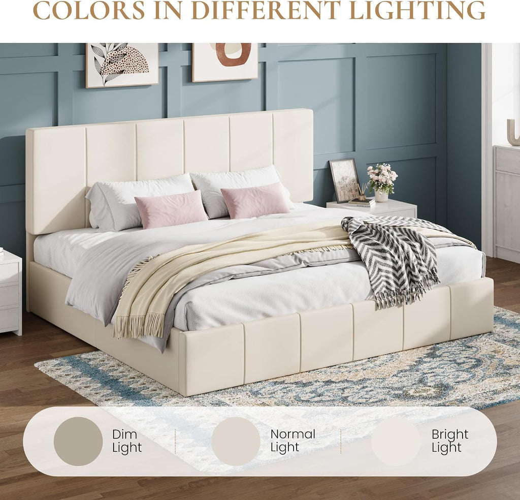SHA CERLIN King Size Bed Frame, Dutch Velvet Upholstered Platform Bed, Vertical Channel Tufted Adjustable Headboard, Low Profile Bed Frame, No Box Spring Needed, Easy Assembly, Cream