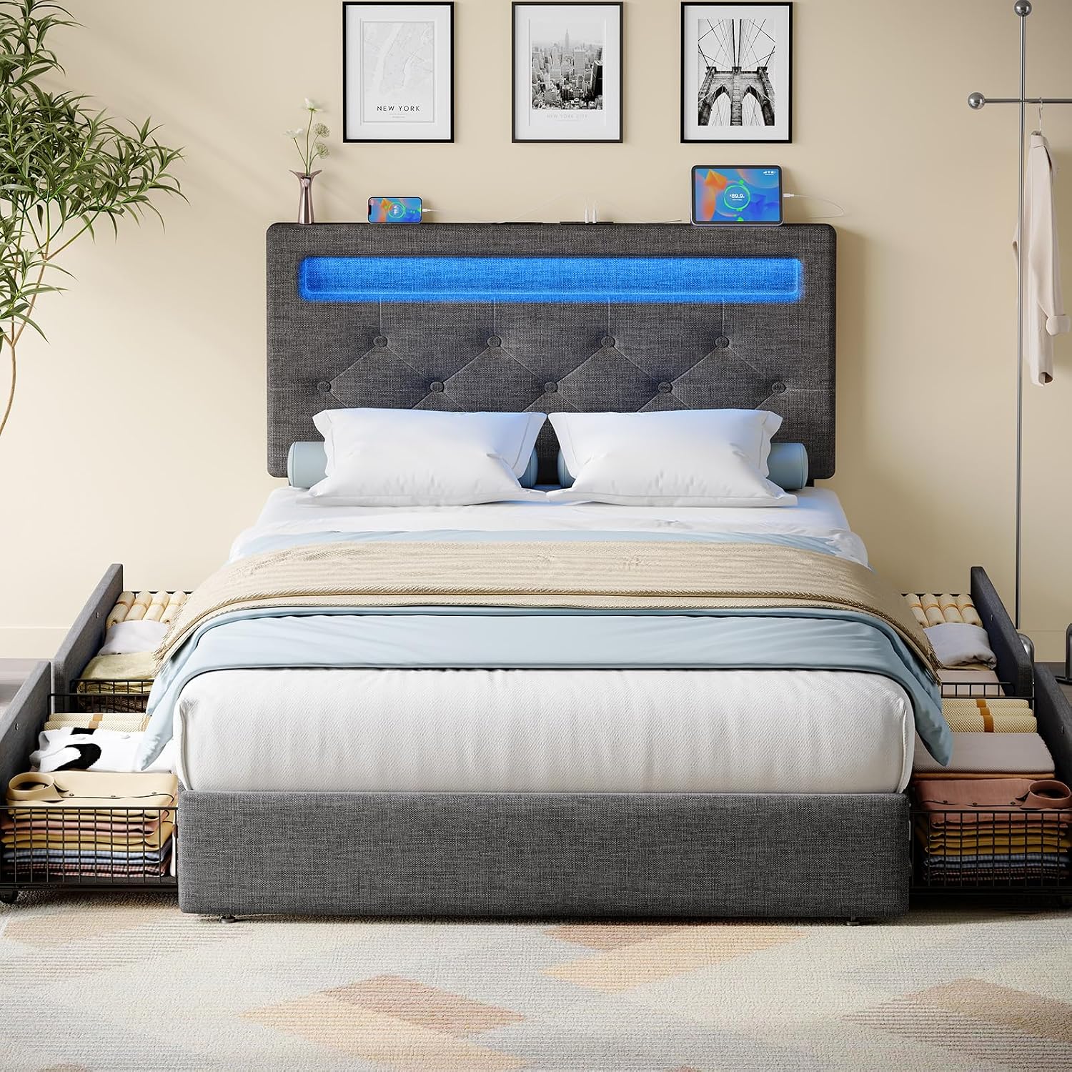 Rolanstar Twin Bed Frame with 4 Storage Drawers and Charging Station,Twin Bed with Led Lights, 2 USB & 1 Type C, Adjustable Headboard 38.9/40.8 Inches, No Box Spring Needed, Grey