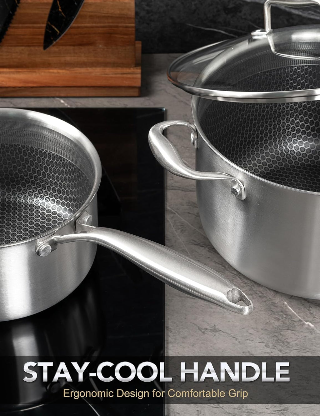 MICHELANGELO 6 Pcs Tri-ply Stainless Steel Pot Set, 2QT & 3QT & 8QT Pot with Lids,Tri-ply Stainless Steel Saute Pan 6 Quart, Deep Frying Pan with Lid