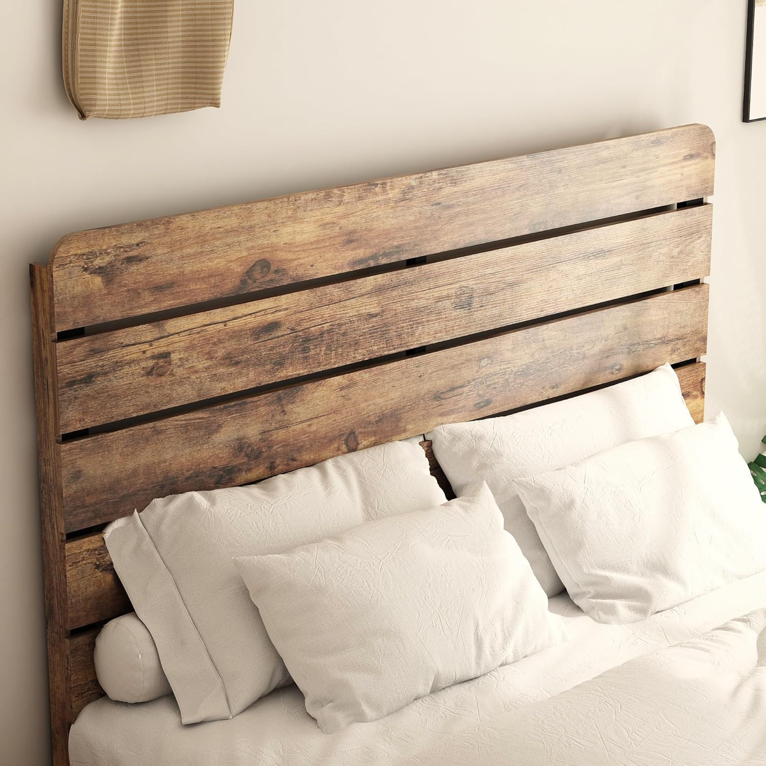 Wooden Queen Size Bed Frame with Headboard, Rustic Farmhouse Platform Bedframe with Wood Slat Support, Sturdy and No Noise, Easy Assembly (Linear Headboard/Light Brown, Queen)