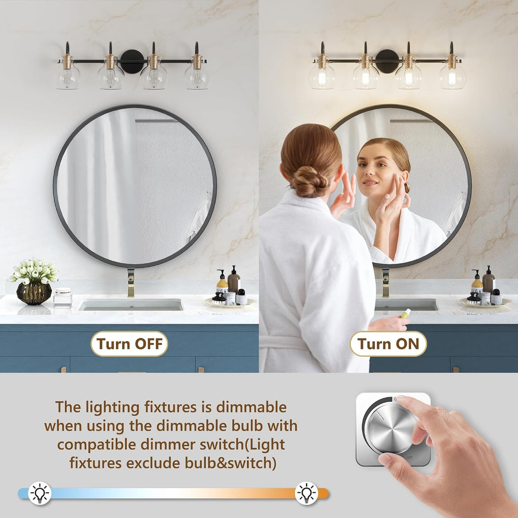 4 Light Bathroom Light, Black and Red Copper Bathroom Vanity Fixtures Over Mirror, Modern Copper Vanity Light with Clear Glass Shade, Black Wall Sconce for Bathroom, Bedroom