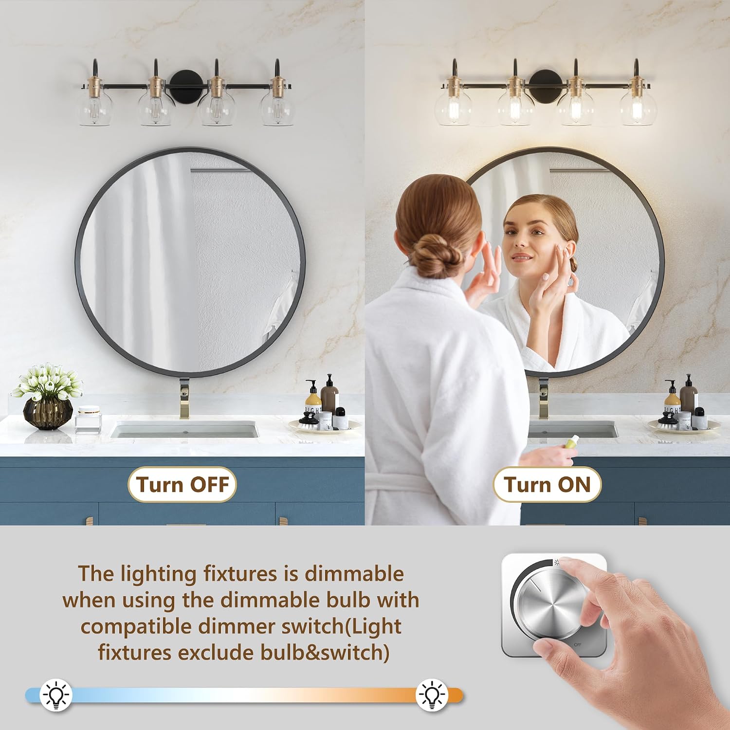 4 Light Bathroom Light, Black and Red Copper Bathroom Vanity Fixtures Over Mirror, Modern Copper Vanity Light with Clear Glass Shade, Black Wall Sconce for Bathroom, Bedroom