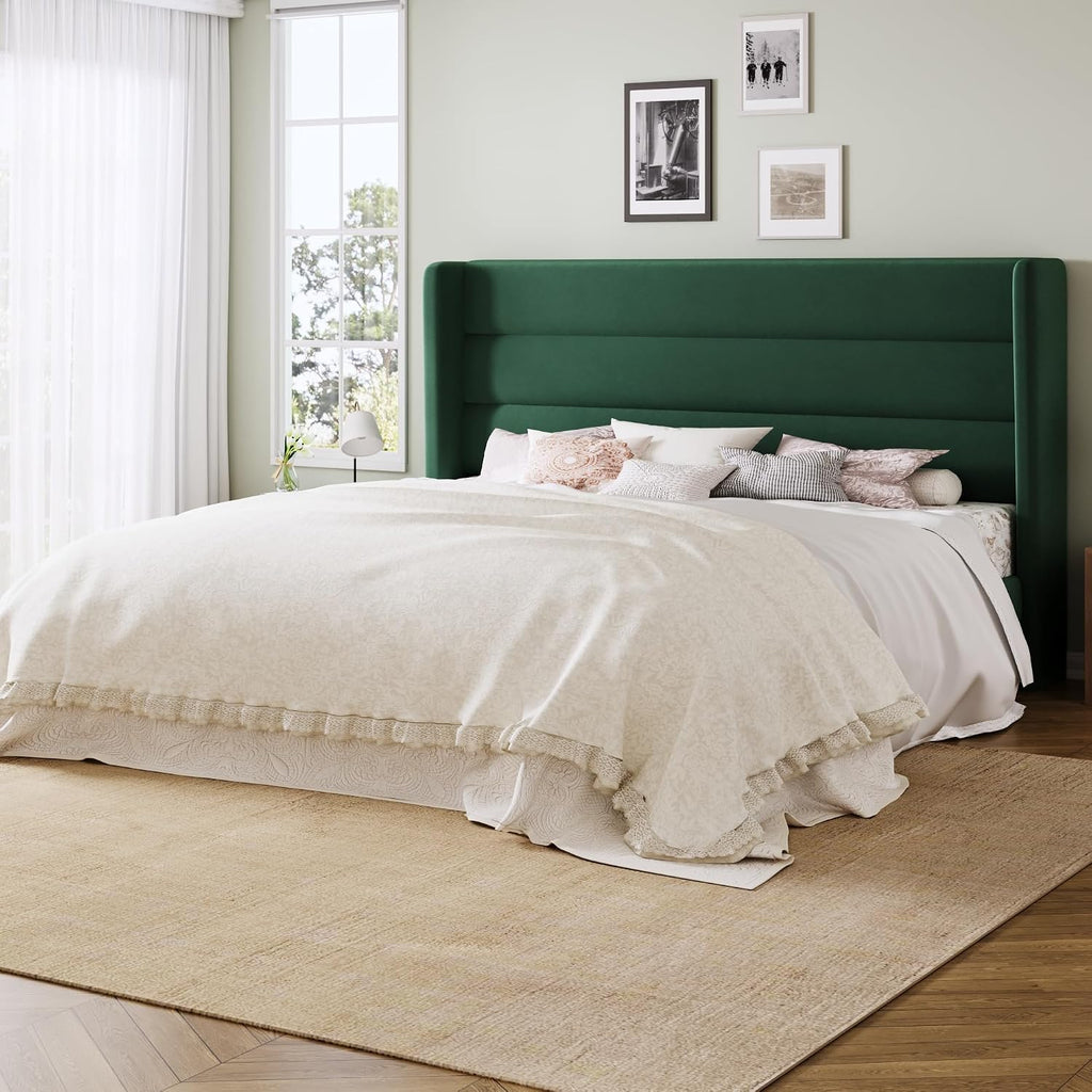 Allewie Queen Size Platform Bed Frame with Velvet Upholstered Wingback Headboard, No Box Spring Needed, Under Bed Storage Space, Strong Wooden Slats, Modern Mattress Foundation, Easy Assembly, Green