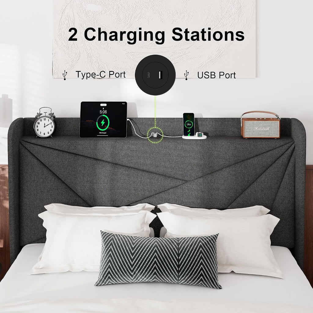 Feonase Full Size Bed Frame with Charging Station, Upholstered Linen Bedframe with Wingback Headboard, Solid Wood Slats Support, Noise Free, No Box Spring Needed, Charcoal Grey