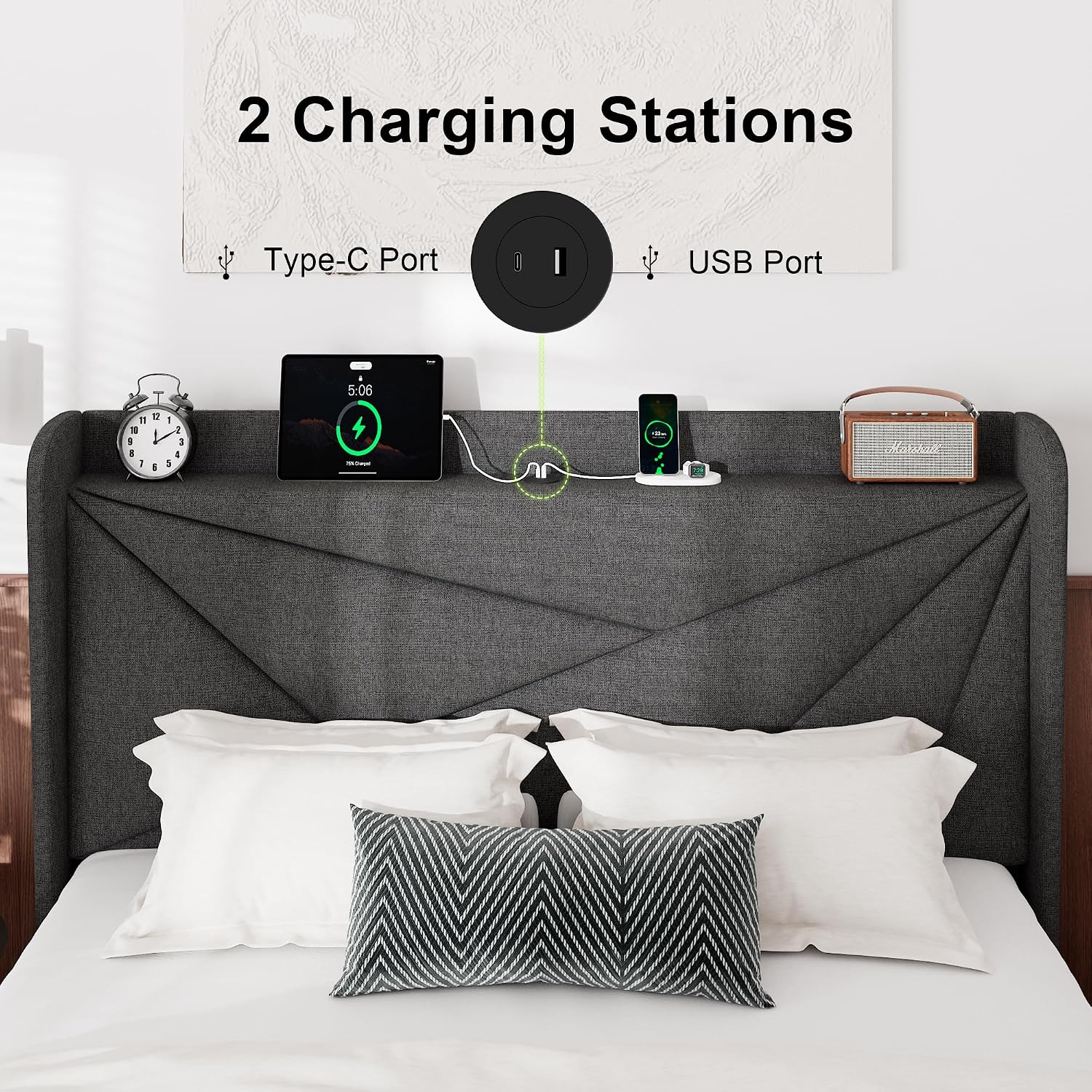 Feonase Full Size Bed Frame with Charging Station, Upholstered Linen Bedframe with Wingback Headboard, Solid Wood Slats Support, Noise Free, No Box Spring Needed, Charcoal Grey