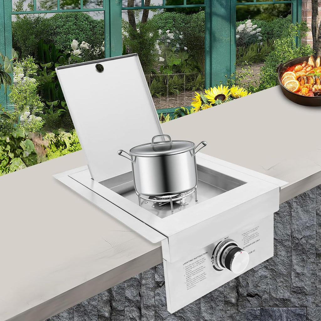 Single Burner Stove for Outdoor Kitchen, Built-in Stainless Steel Side Burner with Removable Grates & Cover, Gas Stove for BBQ Island, Patio, Backyard (Liquid Propane, Single Burner)