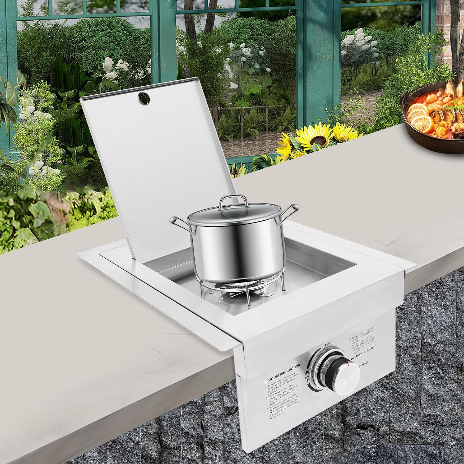 Single Burner Stove for Outdoor Kitchen, Built-in Stainless Steel Side Burner with Removable Grates & Cover, Gas Stove for BBQ Island, Patio, Backyard (Liquid Propane, Single Burner)