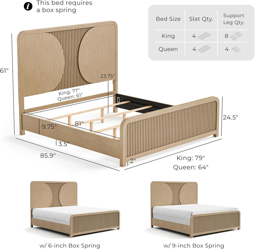 Furniture of America Tissen Modern Solid Wood 6-Piece Queen Bedroom Set with USB Ports, Reeded Panels, Curved Edges and Beveled Mirror, Box Spring Needed, Natural