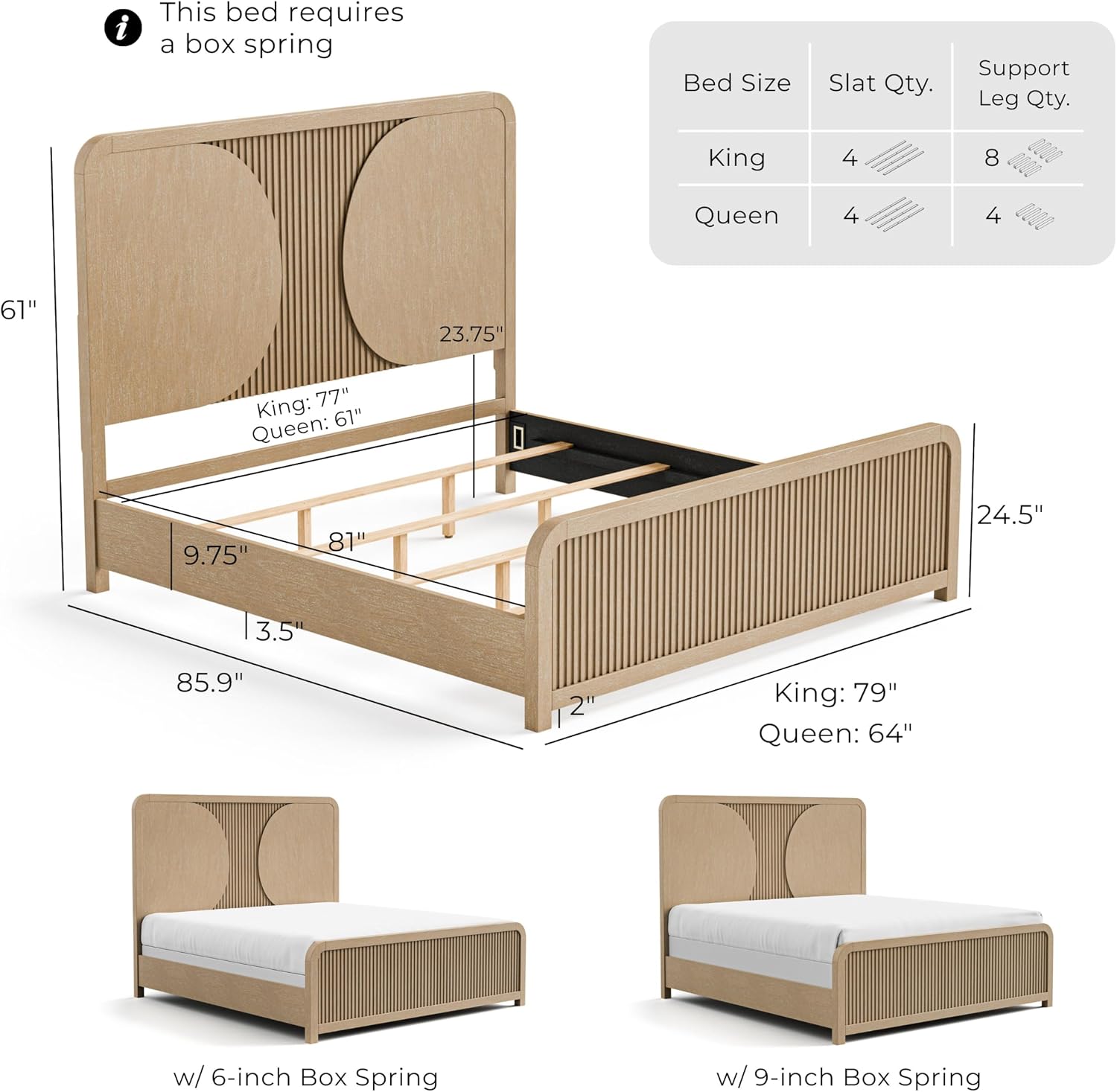 Furniture of America Tissen Modern Solid Wood 6-Piece Queen Bedroom Set with USB Ports, Reeded Panels, Curved Edges and Beveled Mirror, Box Spring Needed, Natural