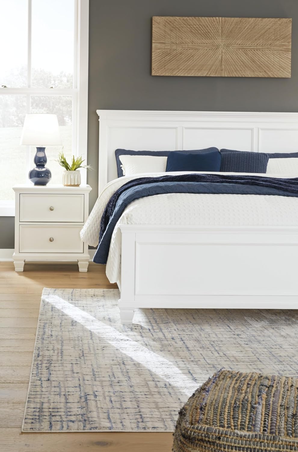 Signature Design by Ashley Fortman Transitional King Panel Bed with Tapered Feet, Foundation or Box Spring Needed, White