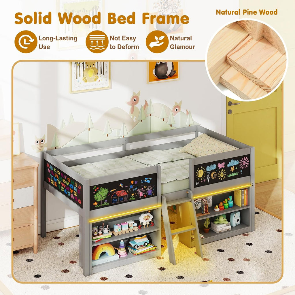 Giantex Low Loft Bed with LED Lights, Wooden Twin Size Loft Bed with Ladder & Blackboard, Twin Bed Frames for Kids with Storage 2 Bookcases and Play Space, Grey