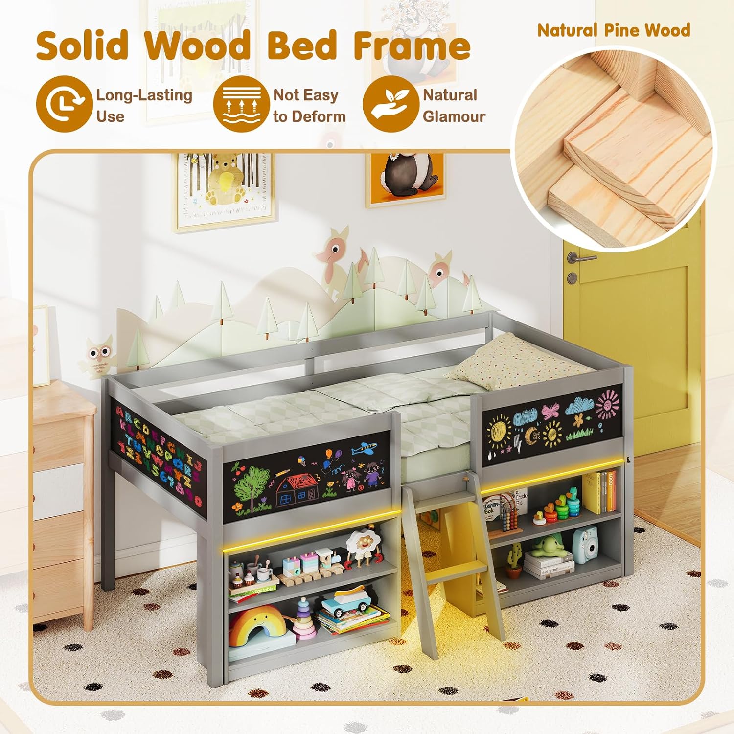 Giantex Low Loft Bed with LED Lights, Wooden Twin Size Loft Bed with Ladder & Blackboard, Twin Bed Frames for Kids with Storage 2 Bookcases and Play Space, Grey