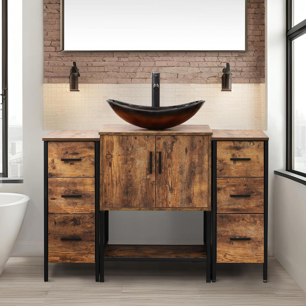 UEV 48' Rustic Brown Bathroom Vanity with Sink Combo,Industrial Iron Frame Bathroom Cabinet Sets with Doulbe 3 Drawers Side Cabinet,Modern Brown Boat Tempered Glass Vessel Sink(029BR)