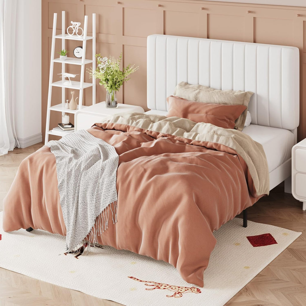 Allewie Twin Bed Frame, Velvet Upholstered Platform Bed with Adjustable Vertical Channel Tufted Headboard, Mattress Foundation with Strong Wooden Slats, Box Spring Optional, Easy Assembly, Off-White
