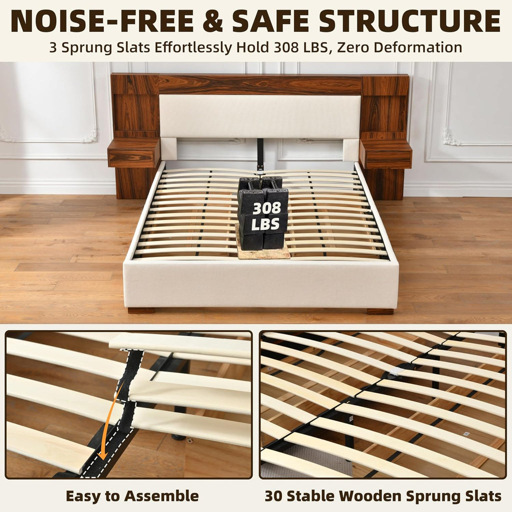 Queen Size Wood Bed Frame with Built-in Nightstands, Linen Platform Bed Frame with 2 Drawers, Natural Wood Grain & Luxury Upholstered Storage Headboard，No Box Spring Needed, Easy Assembly, Cream