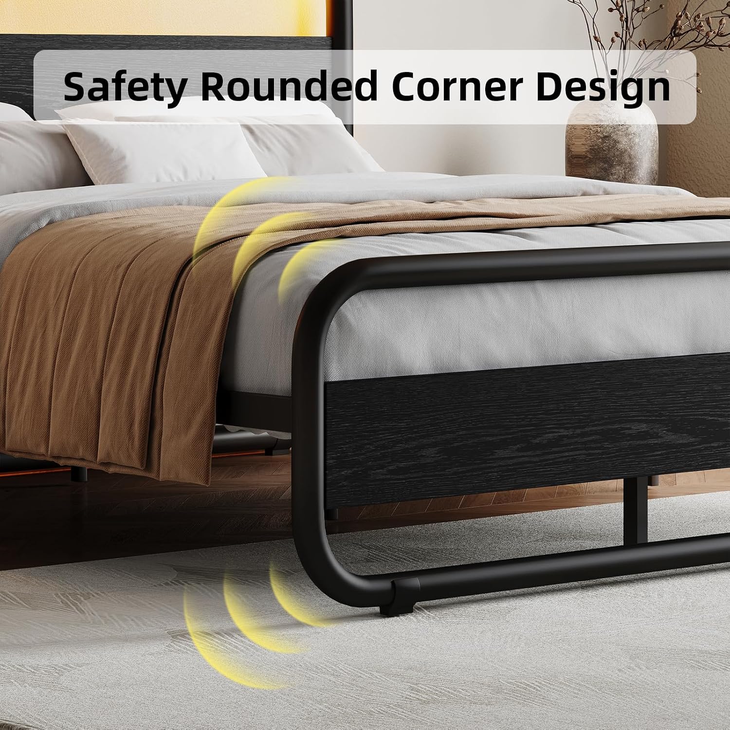 Catrimown Queen Bed Frame with LED Lights, Heavy Duty Metal Rustic Platform Bed Frame Queen Size with Headboard, Noise Free, No Box Spring Needed, Black