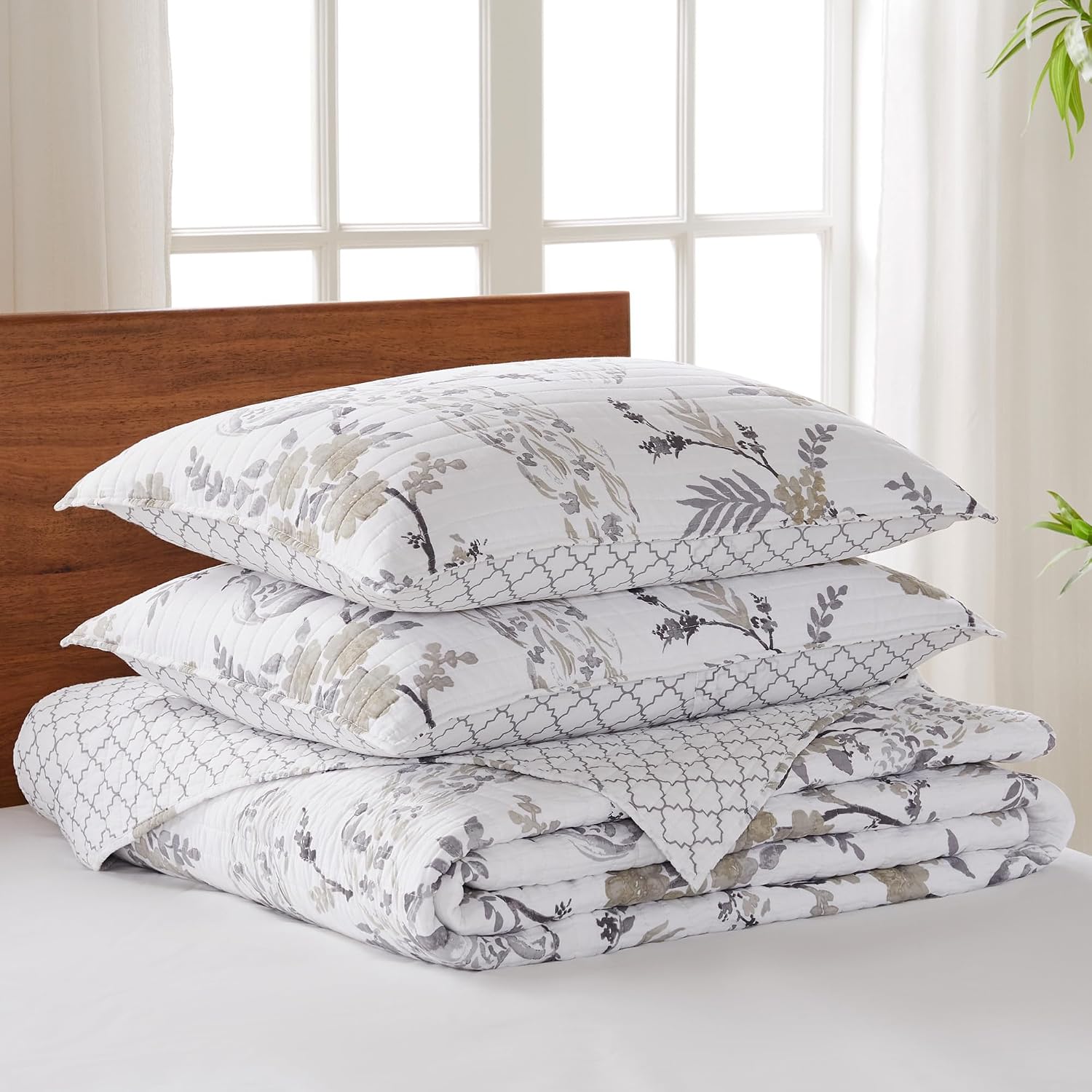 Levtex Home Pisa Reversible King Bedspread Set (120x106in) with 2 Pillow Shams (36x20in) - Floral Peacock - Grey, Taupe - Cotton King Size Bedspread Set - Soft, Pre-Washed