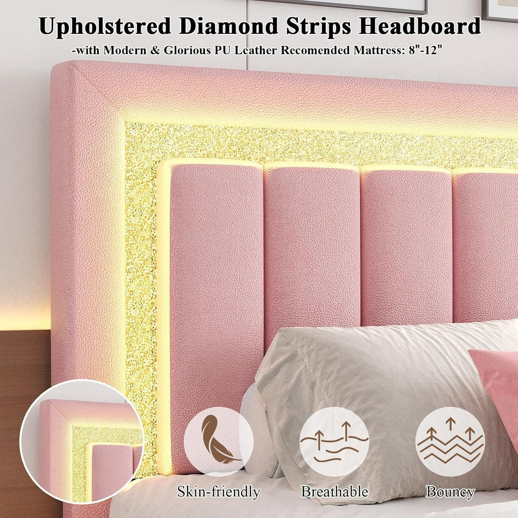 HOMBCK Floating Bed Frame Full with Smart LED Lights, Faux Leather Upholstered Platform Bed with Diamond PU Headboard, No Box Spring Needed, Noise-Free, Easy Assembly, Pink