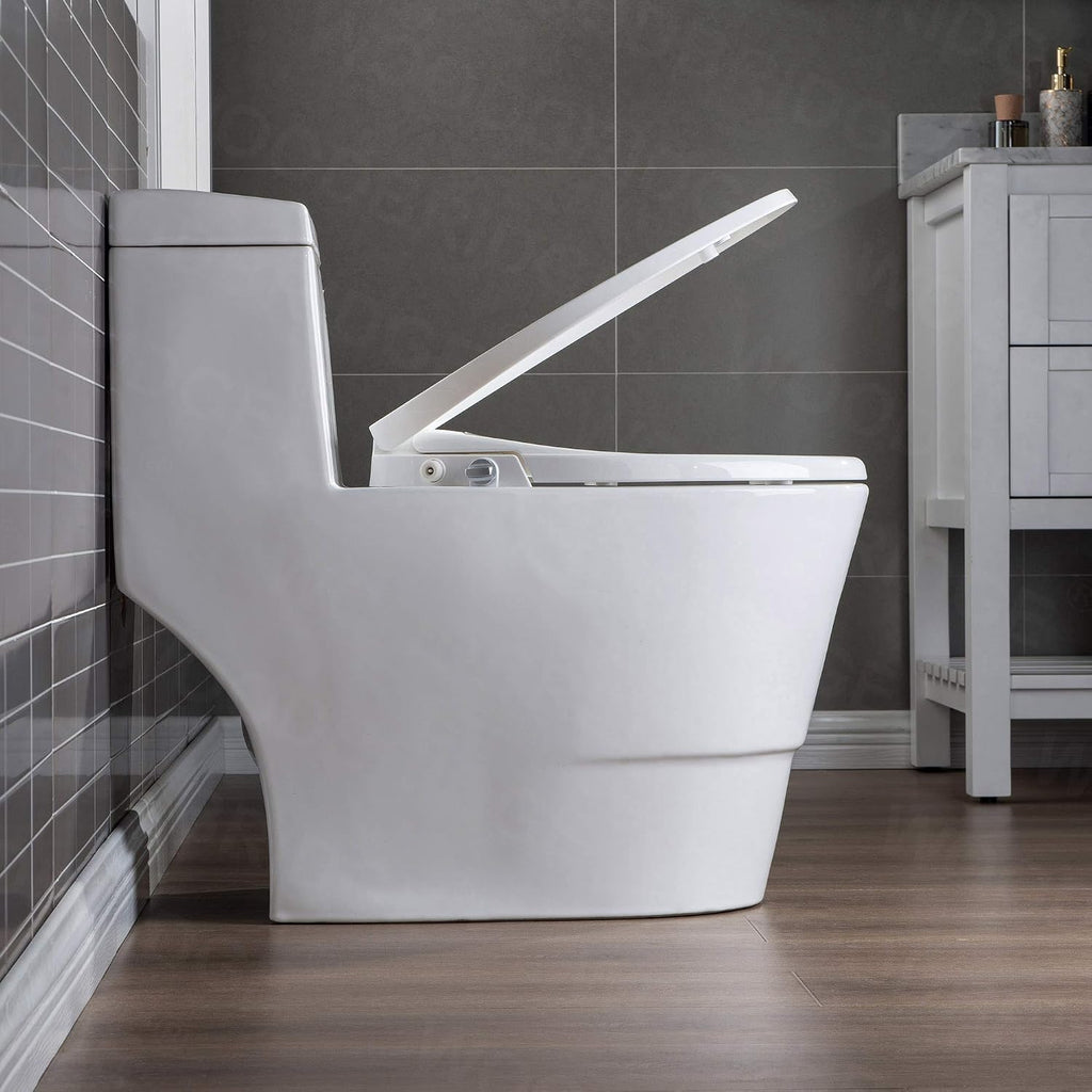 WOODBRIDGE One Piece 1.1GPF/1.6 GPF Dual Flush Elongated Toilet with Non-Electric Bidet Seat in White