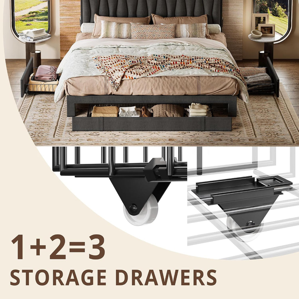 ANCTOR Twin Bed Frame with 3 Drawers, Upholstered Platform Bed with Storage Headboard and Charging Station, No Box Spring Needed, Easy Assembly, Grey