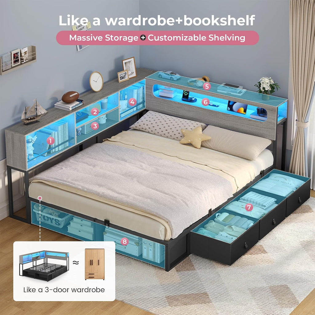 ADORNEVE Corner Bed Frame Full Size with Bookcase Storage & RGB Lights, Charging Station, Metal Daybed with 3 Drawers & 2 Open Cubbies, for Teens, Small Space, Black & Oak Grey
