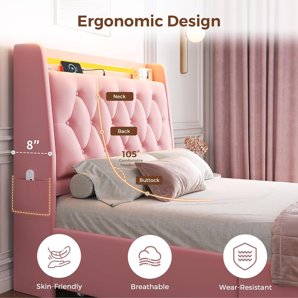 Twin LED Velvet Bed Frame with 2 Storage Drawers&Hidden Headboard, Upholstered Platform Bed with Charging Station&Button Tufted Design, Wooden Slats Support, Box Spring Optional, Easy Assembly, Pink