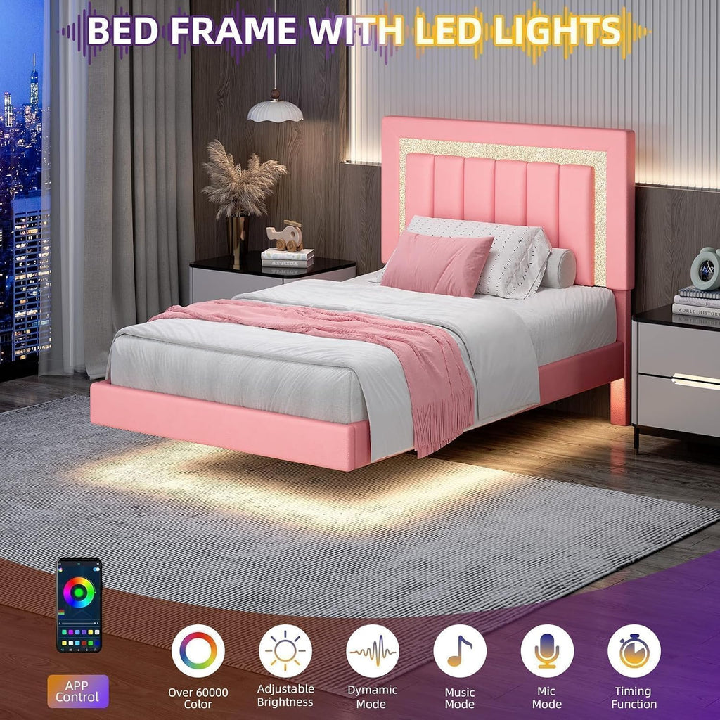 HOMBCK Floating Twin Bed Frame with LED Lights, Faux Leather Upholstered Bed Frame Twin with Diamond Headboard, No Box Spring Needed, Noise-Free, Easy Assembly, Pink