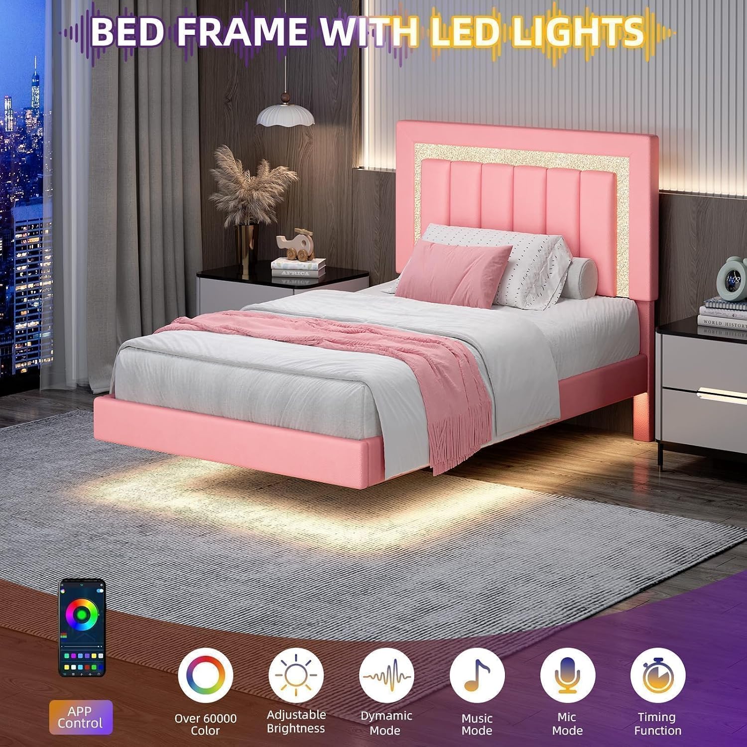 HOMBCK Floating Twin Bed Frame with LED Lights, Faux Leather Upholstered Bed Frame Twin with Diamond Headboard, No Box Spring Needed, Noise-Free, Easy Assembly, Pink