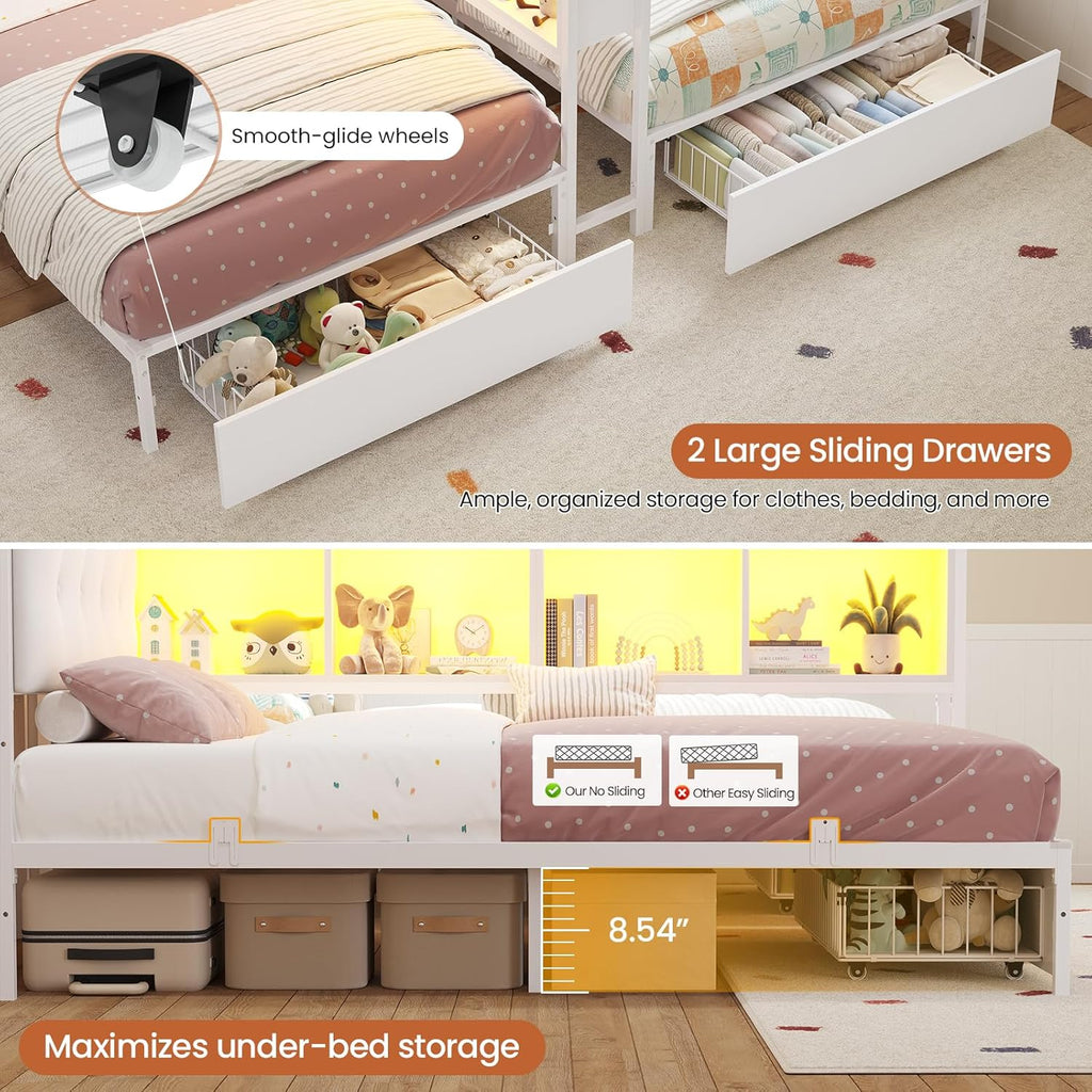 DICTAC Twin Beds for 2 Kids with Storage Bookcase Divider, Charging Station and LED Lights, Double Twin Bed with 2 Large Drawers and Headboard Storage, Metal Platform Bed for Shared Bedroom, White