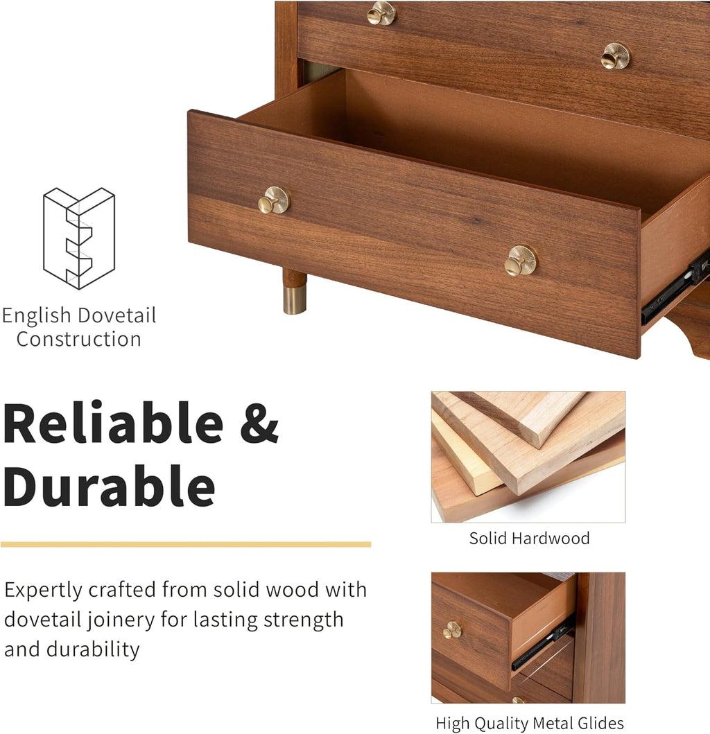 Furniture of America Forma Modern Solid Wood 4-Piece Bedroom Set with Upholstered Bed with LED Lights, Ball-Bearing Glide on Nightstand and Dresser with Mirror, No Box Spring Needed, Queen, Walnut