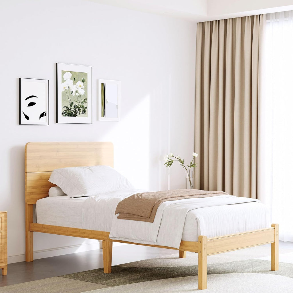 BOSRII 14in High Solid Bamboo Wood Platform Twin XL Bed Frame with Headboard, Reinforced Heavy Duty Metal Slats, Noise Free, No Box Spring Needed, Easy Assembly
