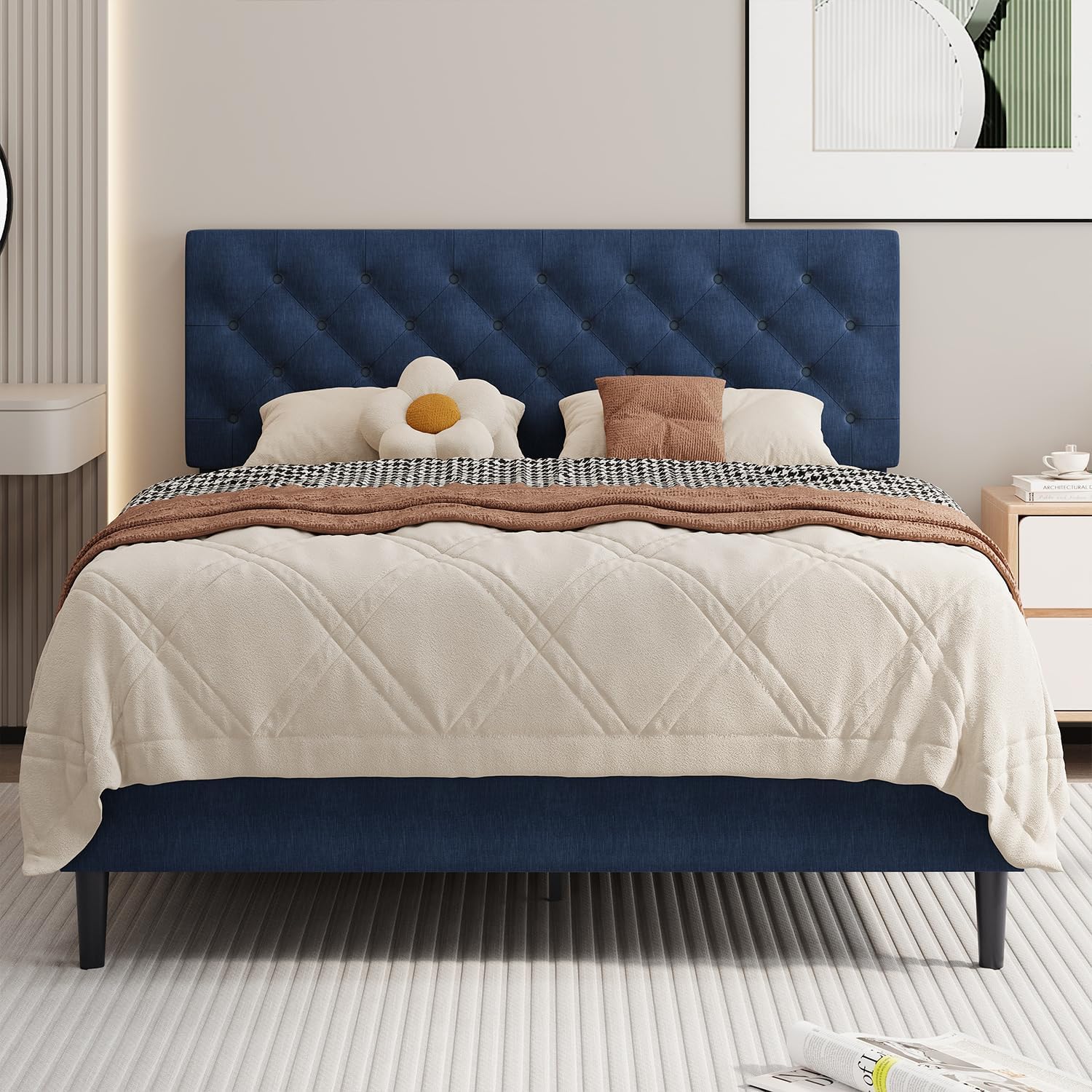 BarnFurin Full Size Bed Frame with Button Tufted Headboard, Upholstered Platform Bed with Wooden Slats Support, No Box Spring Needed, Easy Assembly, Navy Blue