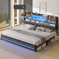 Dnxao King Size Bed Frame with Storage and Upholstered Headboard,Heavy Duty Metal Platform Bed with LED Lights,Charging Station & Hidden Shelves,Noise-Free,No Box Spring Needed,1200lbs,Gray
