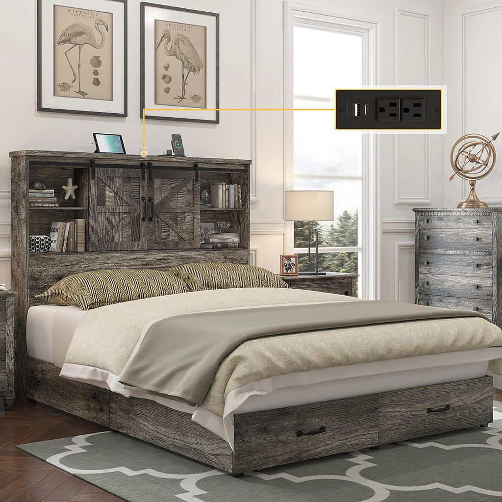 HOWE Farmhouse Full Size Bed Frame with 51.2' Bookcase Headboard, Wooden Platform Bed with 2 Drawers, Sliding Barn Door Dec, Storage Bed with Charging Station, No Box Spring Needed, Rustic Grey