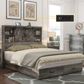 HOWE Farmhouse Full Size Bed Frame with 51.2' Bookcase Headboard, Wooden Platform Bed with 2 Drawers, Sliding Barn Door Dec, Storage Bed with Charging Station, No Box Spring Needed, Rustic Grey