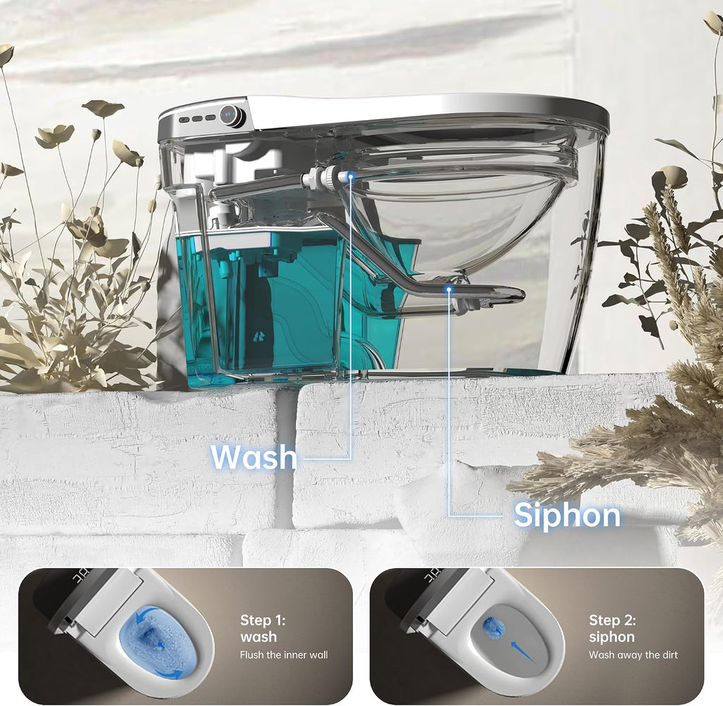 Smart Toilet with Powerful Flush, Bidet with Instant Warm Water, Modern Elongated Tankless Toilet with Foot Sensor, Heated Bidet Seat & Dryer,LED Display, Night Light, Deodorization (White1)