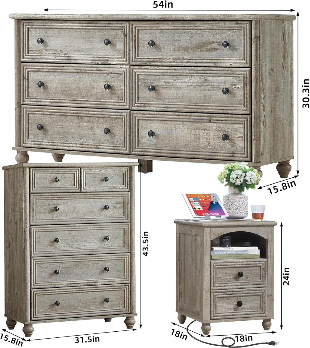 Farmhouse Dressers & Night Stand Set of 4, Wood 54' Wide Dresser & 43.5'Tall Chest of Drawers, 18' with Charging Station Nightstand Set of 2, Bedroom Furniture Dresser Set for Home Living Room Hallway