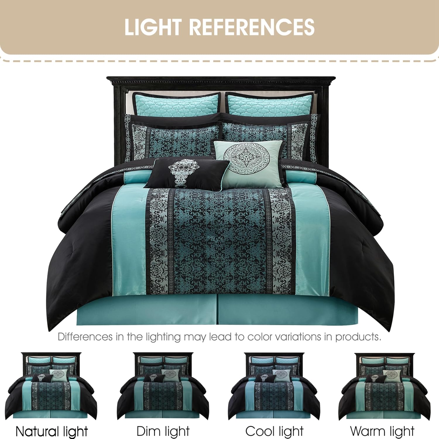 Grand Avenue Black & Teal Comforter Set California King Size, Classic Jacquard Bedding Sets, Faux Silk, Premium Microfiber, 12 Pieces Bed in a Bag, Matching Fitted Sheet, Flat Sheet