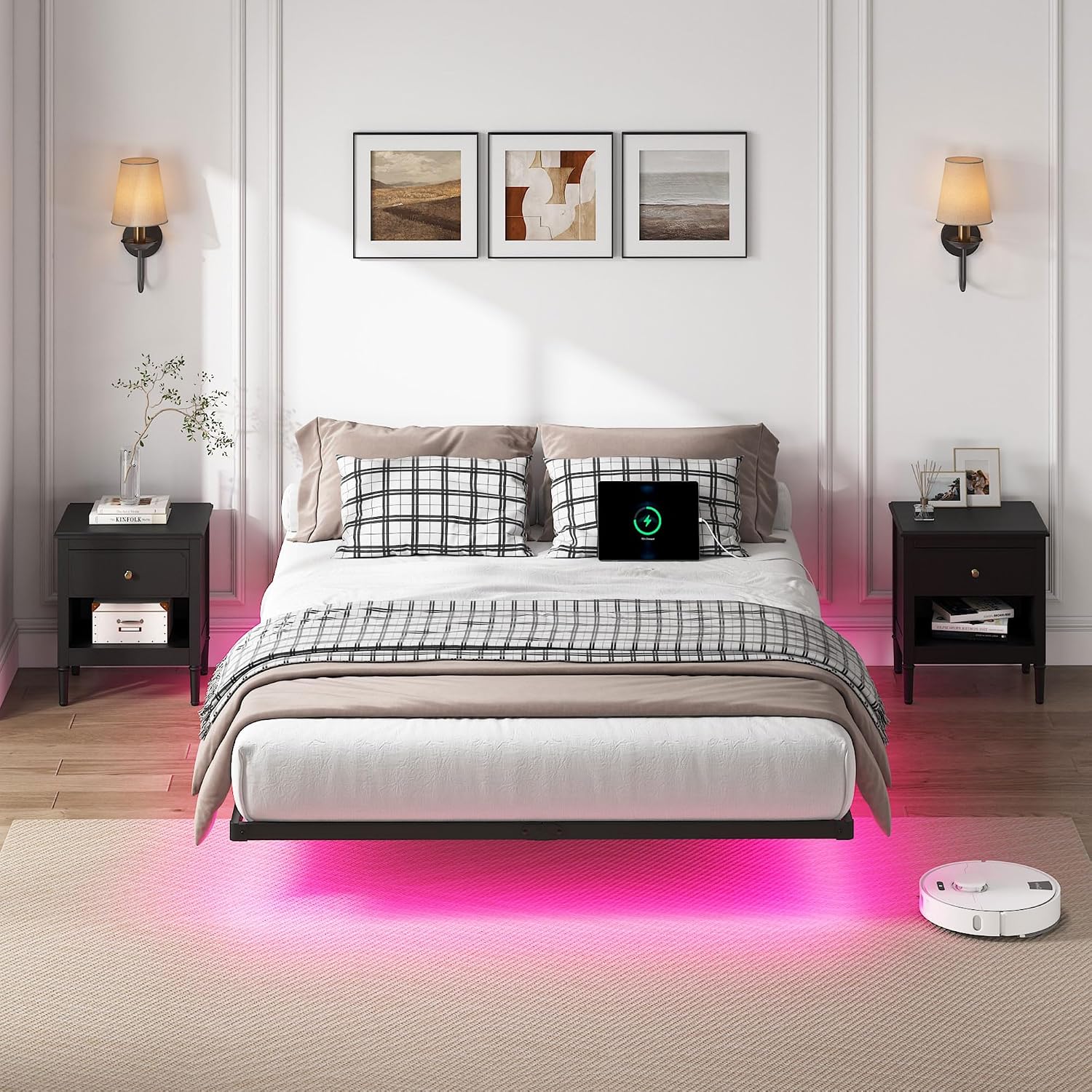 YORMDMO Floating Bed Frame King Size, Heavy Duty Bedframe with Smart LED Lights & Charging Station, Modern Metal Platform Bed, Easy Assembly No Box Spring Needed, 10 Inch