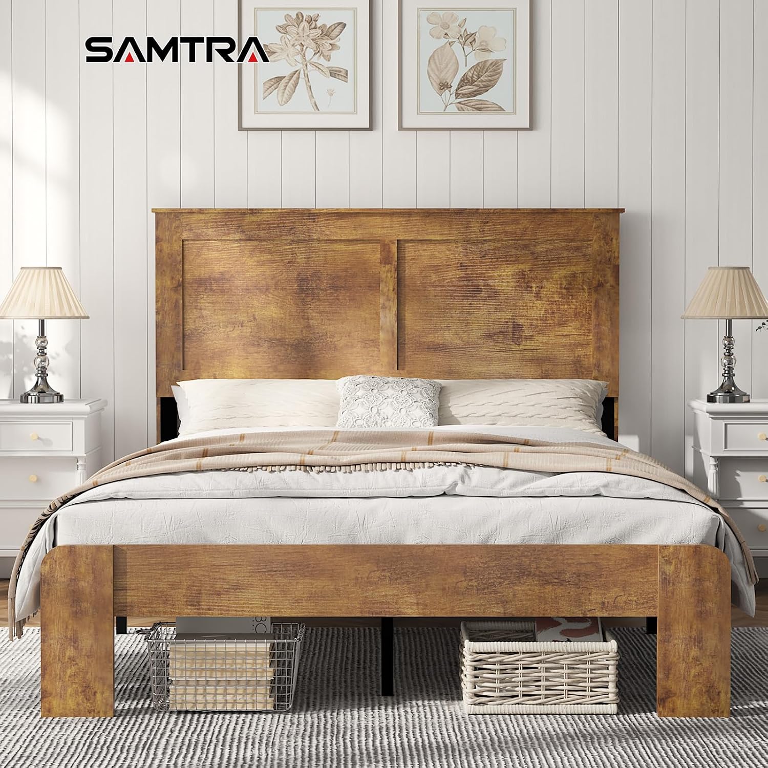Wooden Bed Frame Full Size with Headboard, Farmhouse Platform Bedframe with Wood Slat Support, Sturdy Framework Bed Frame, Easy Assembly (Rustic Brown)