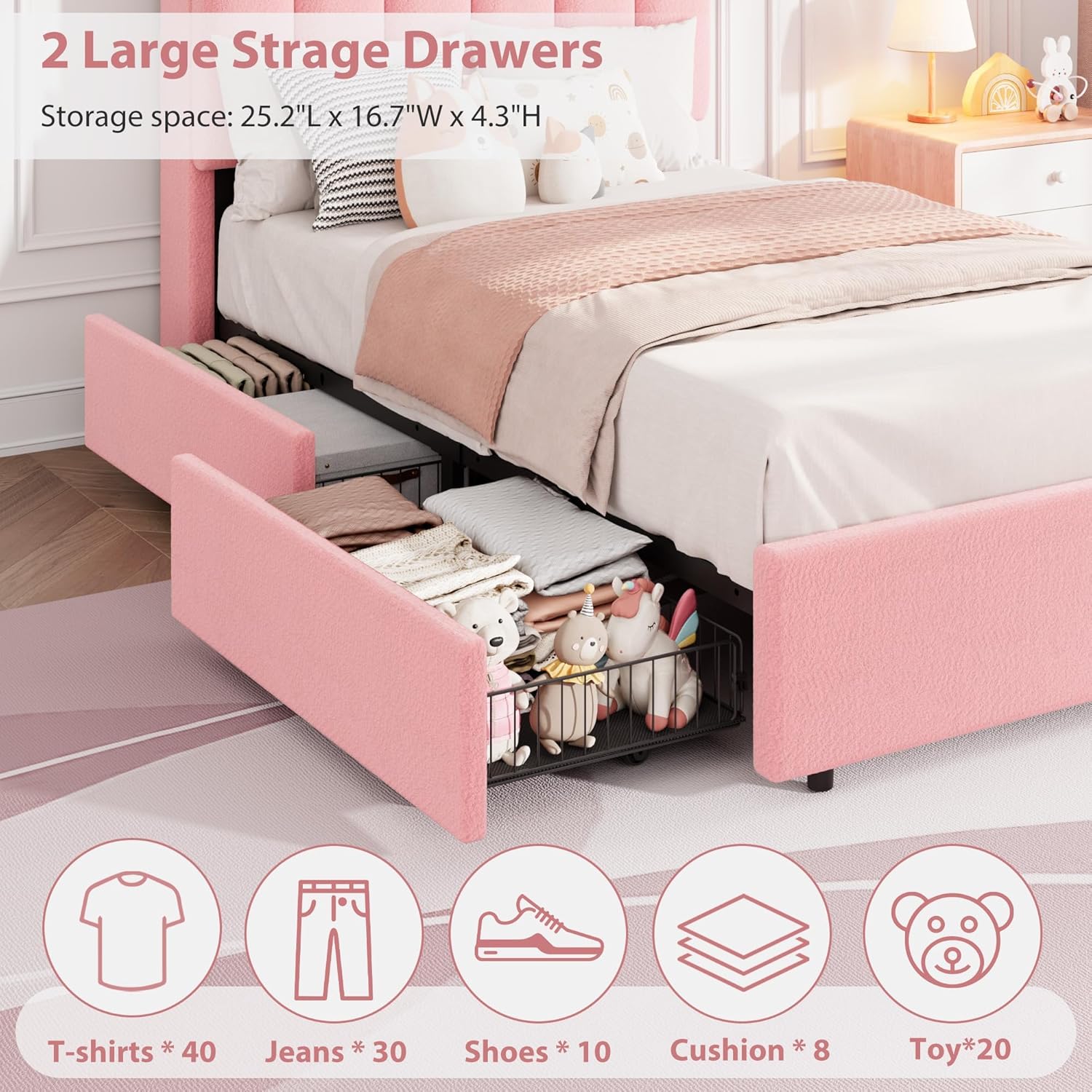 Garvee LED Twin Size Bed Frame with Storage Headboard, Kids Bed Frame with 2 Drawers, Boucle Upholstered Platform Bed for Girls, Chic Wavy Headboard with Bookcase, No Box Spring Needed, Pink