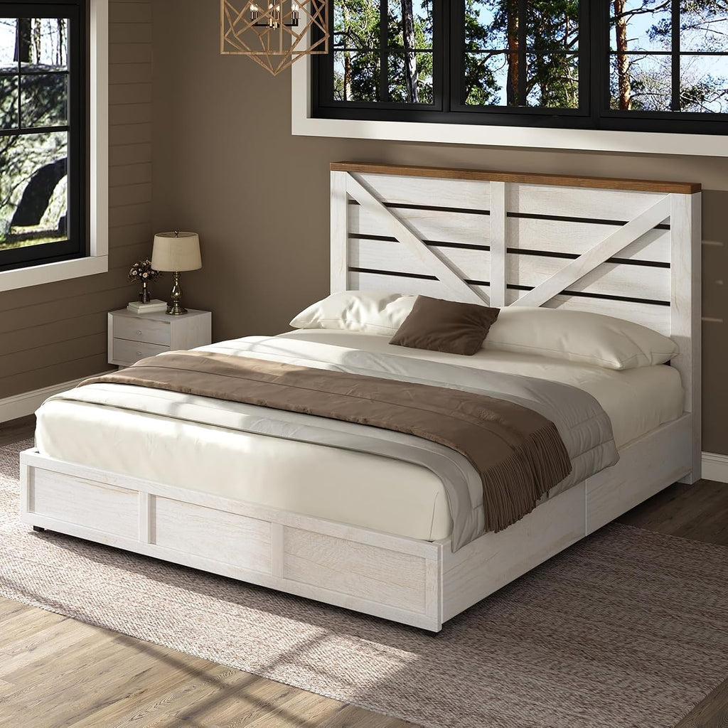 AMERLIFE King Size Farmhouse Bed Frame with 4 Drawers, Wooden Storage Bed Frame with Headboard and Heavy Duty Metal Slats, Noisy Free, Easy Assemble, White/Barnwood