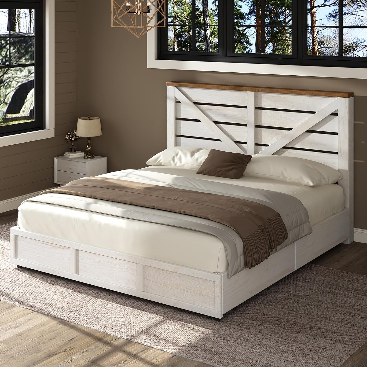 AMERLIFE King Size Farmhouse Bed Frame with 4 Drawers, Wooden Storage Bed Frame with Headboard and Heavy Duty Metal Slats, Noisy Free, Easy Assemble, White/Barnwood