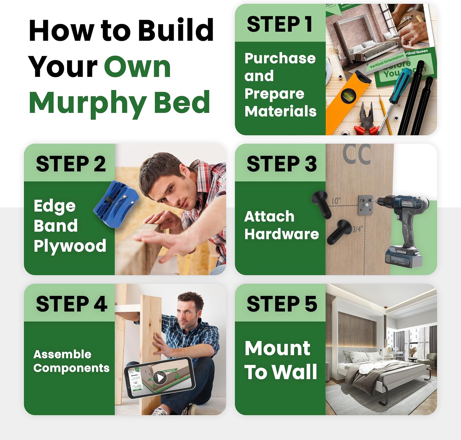 DIY Murphy Bed Kit Queen Horizontal | Murphy Bed Hardware for Wall Cabinet, Horizontal Queen Frame, Deluxe Mechanism Kit with Bonus Tools